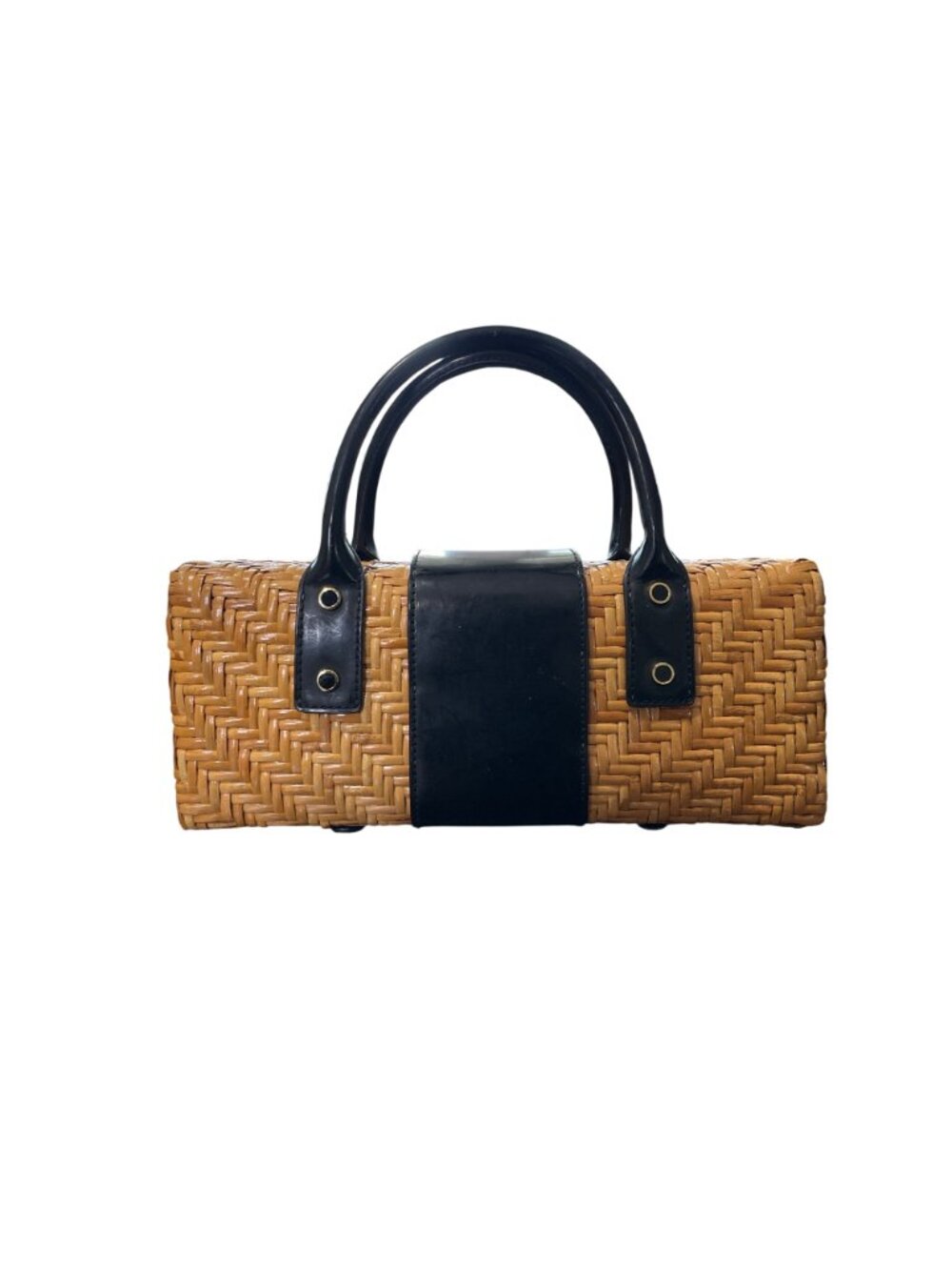 Vtg Monsac Woven Rattan Wicker & Black Leather Handbag Box Purse Top Handles - Picture 2 of 8